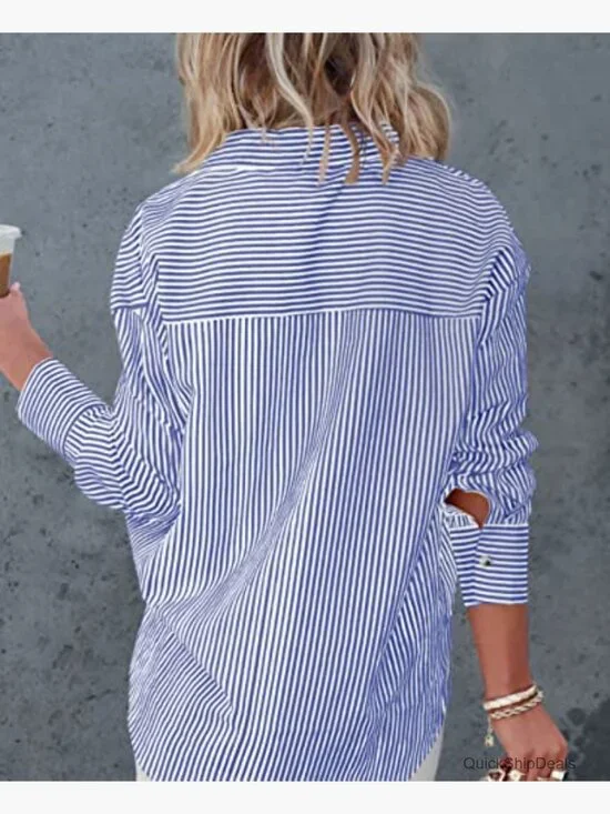 Striped Button Down Shirt Long Sleeve V-Neck Office Blouse - Picture 5 of 7